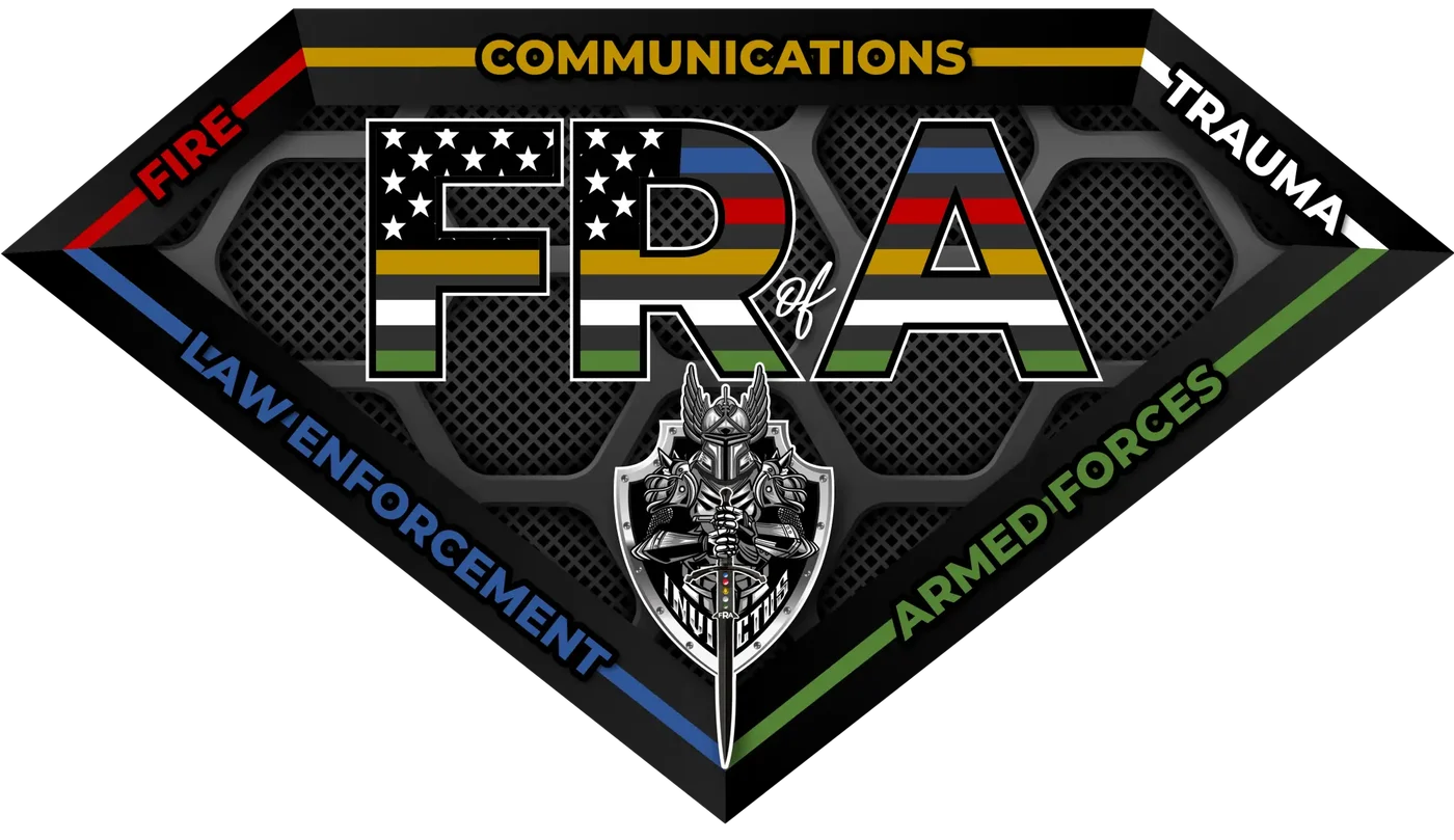 First Responders of America emblem: the letters FRA in the colors of the five pillars, framed by Communications, Fire, Trauma, Law Enforcement, and Armed Forces, above a knight's shield marked Invictus